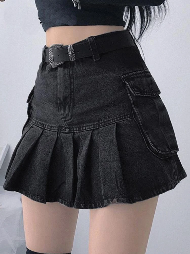 

Черная джинсовая плиссированная юбка А-силуэта с карманами, с высокой талией, укороченная, для повседневной носки, из других материалов, 00%