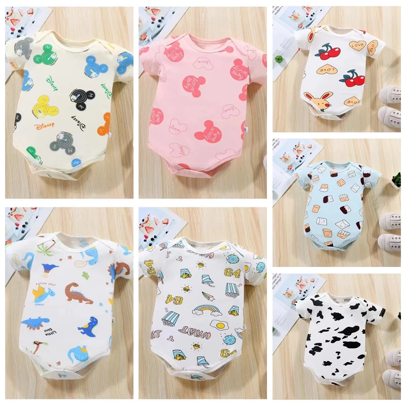 Summer Newborn Baby Boys Bodysuits Short Sleeve Cotton Infant Jumpsuit Cartoon Mickey Mouse Cow Kid Girl Clothes Costume Pajamas