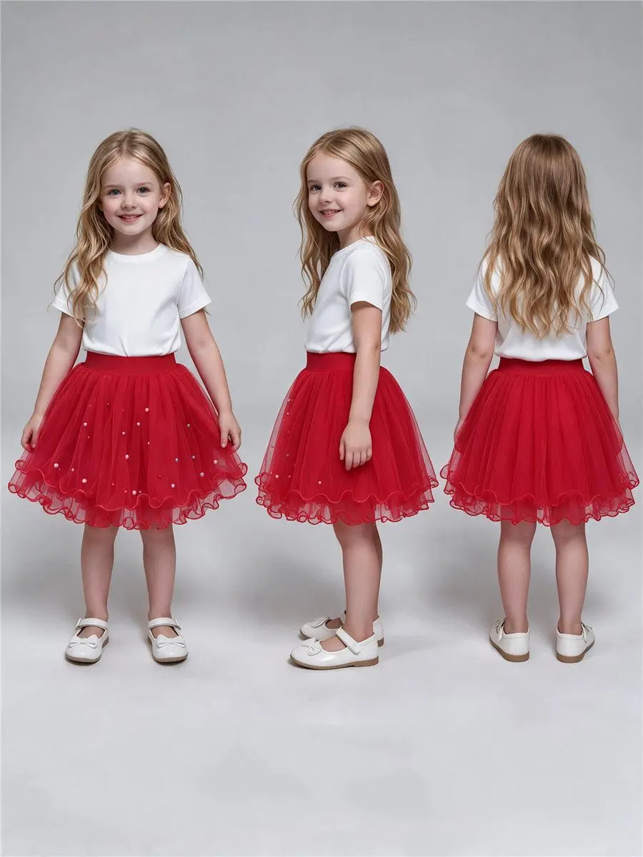 Girls Princess Fluffy Tutu Skirt Soft Tulle With Pearl Decor Kids Ballet Birthday Halloween Christmas Costume Height 100-160cm
