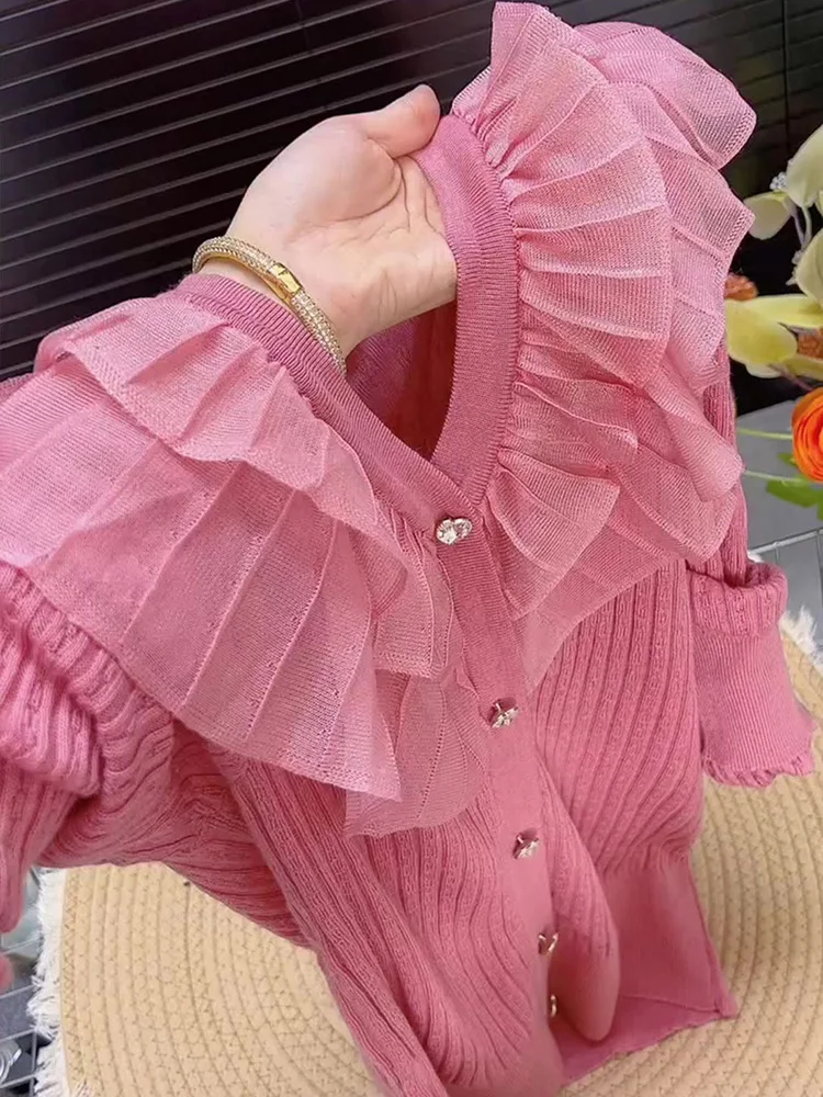 Damski kardigan dzianinowy slim fit z dekoltem w serek, modny, z efektem łączenia materiałów, długi rękaw, luksusowy, uniwersalny, elegancki, modny sweter na jesień.