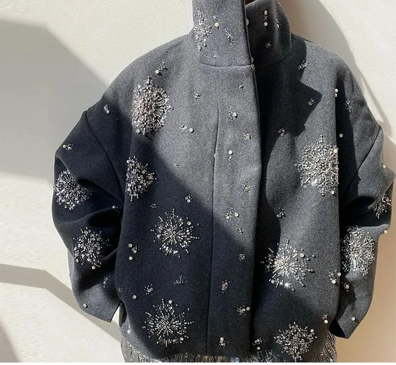 2025 Autumn/Winter Women's Jacket Personalized Street Loose Single Breasted Stand Up Collar Flower Glitter Jacket - Image 5