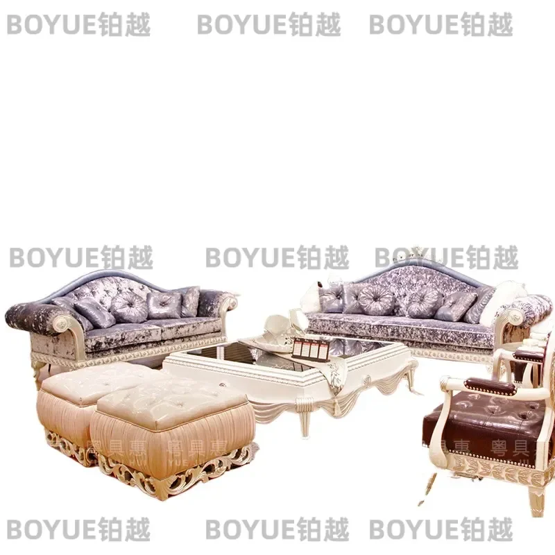 Neoclassical Fabric Sofa Set Solid Wood Carved Floral Design Large Living Room Furniture European Style Home Decor