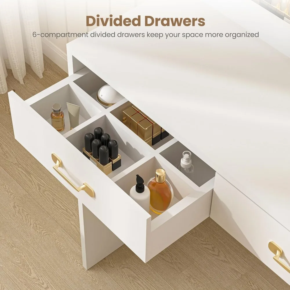 طقم مكتب مكياج لطاولة الزينة باللون الأبيض مع مخرج طاقة بمرآة مضاءة بإضاءة LED