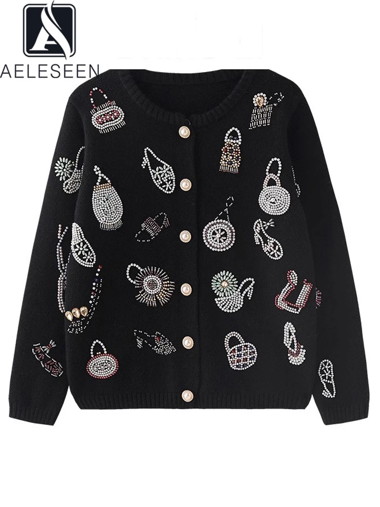 AELESEEN High Quality Autumn Winter Sweater Women Runway Fashion Luxury Black Beige Diamonds Pearls Beading Elegant Cardigan