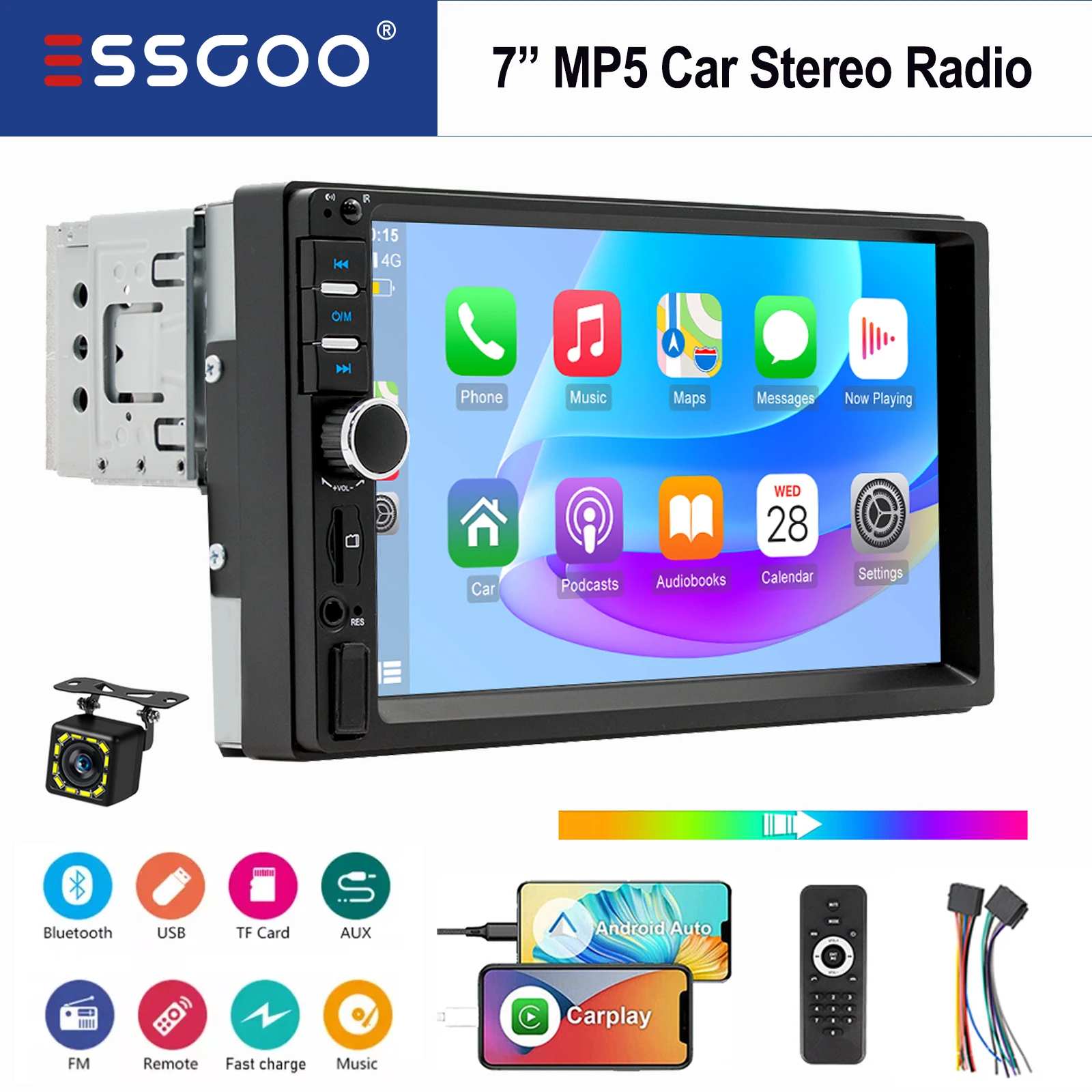 ESSGOO 7 pollici 1 DIN HD Touch screen Autoradio Radio MP5 Wired Apple Carplay Android Auto Bluetooth USB AUX TF EQ Specchio collegamento FM