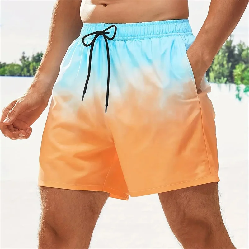 Gradient Color Men\'s Beach Shorts 3D Printed Holiday Swim Trunks Drawstring Sports Gym Plus Size Summer Loose Short Pants