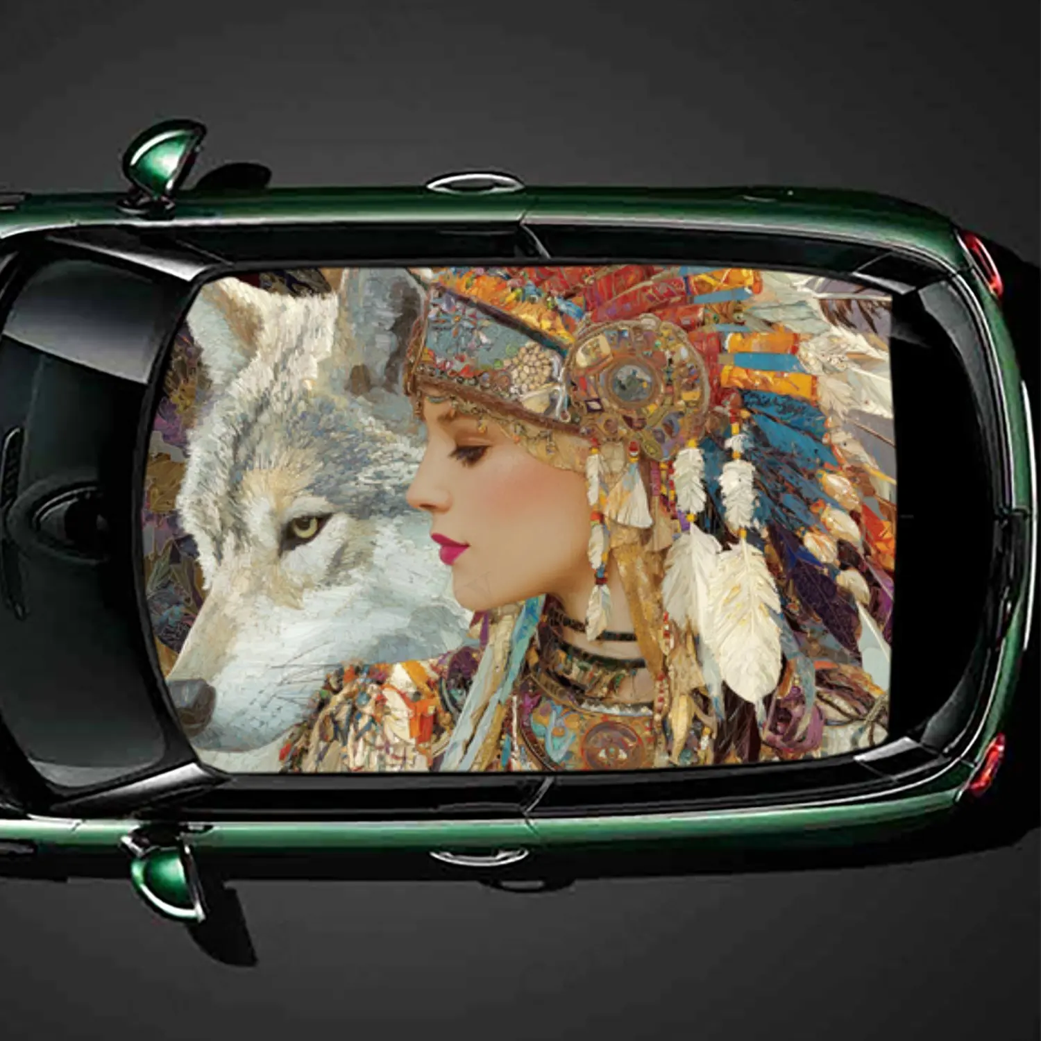 Cool Tribal Style Woman & Wolf Car Roof Vinyl Wraps Sticker, Auto Decal, Artistic Vehicle Decoration, Self-adhesive Waterproof C