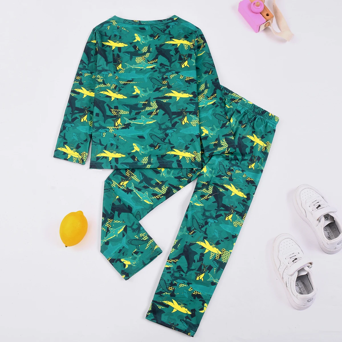 1615 Flame Retardant Digital cartoon Shark Long-Sleeved and Long Pants Pajama Set, Suitable for Boys Aged 3 to 8