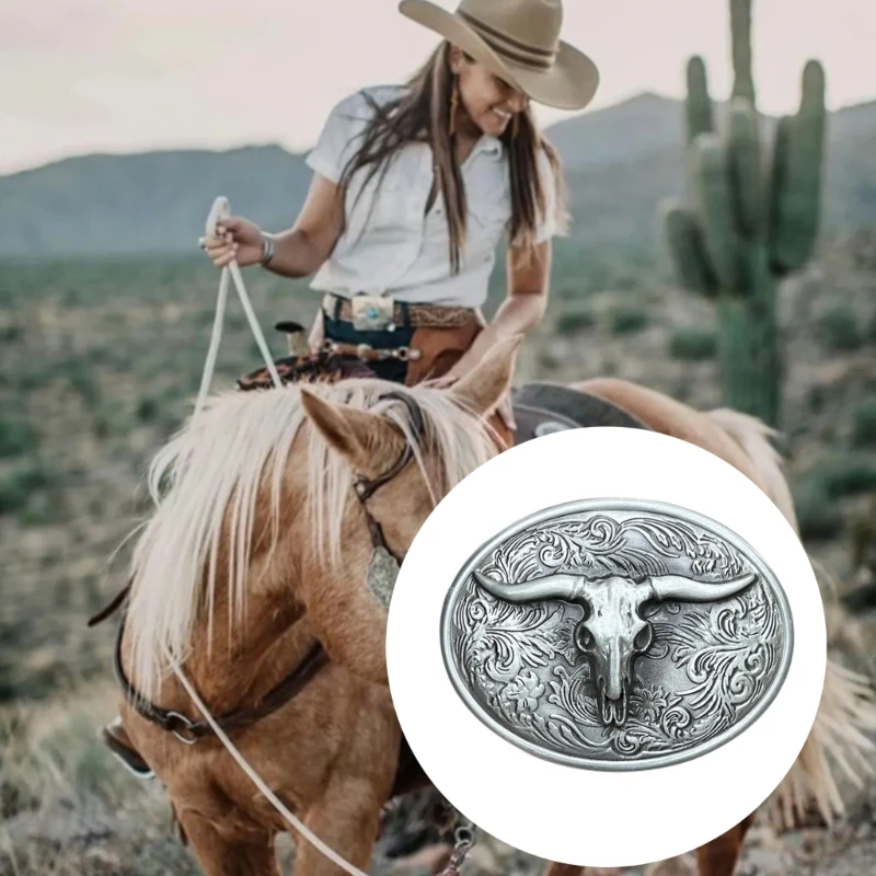 Western Cowboy Head Belt Buckle Alloy Rock Belt Link Oval Buckle with Carved Floral Pattern Unisex