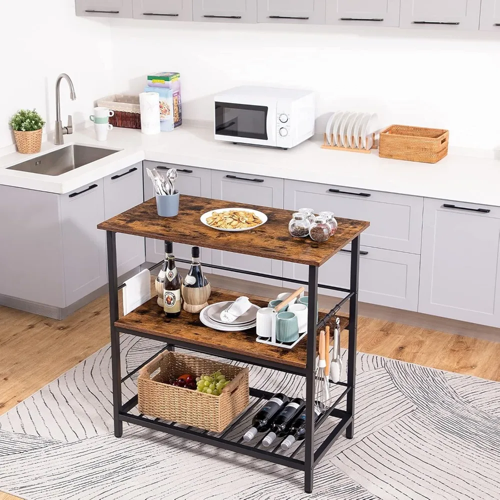 HOOBRO Kitchen Island with Wine Rack, Industrial Kitchen Counter with Hooks and Protective Rails, 3 Tier Kitchen Shelf