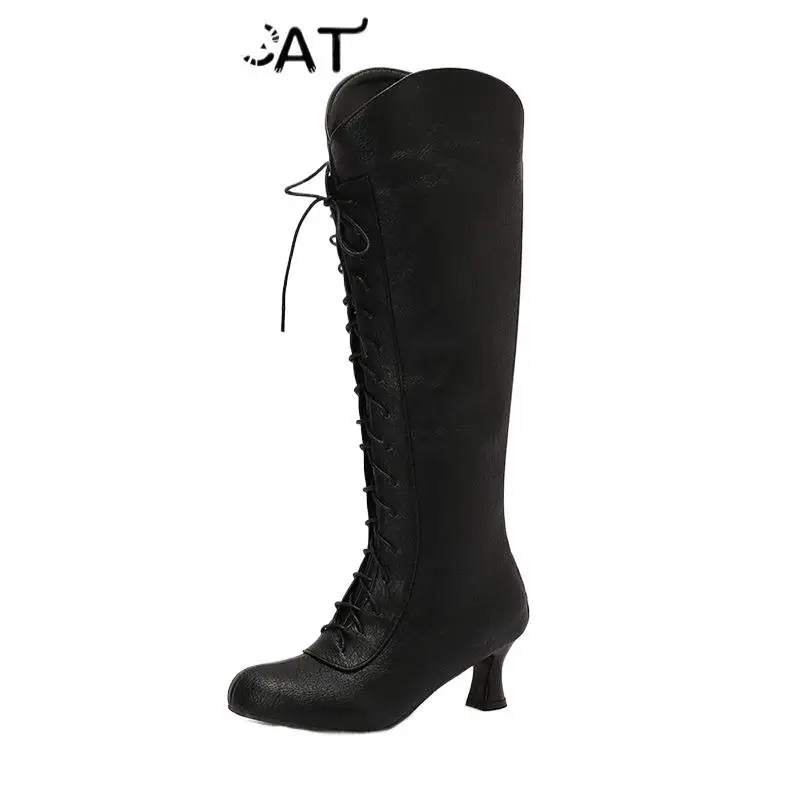 

ASILETO 2024 Women Knee High Boots Round Toe Heels Lace Up Mixed Color Size 48 49 50 Bota