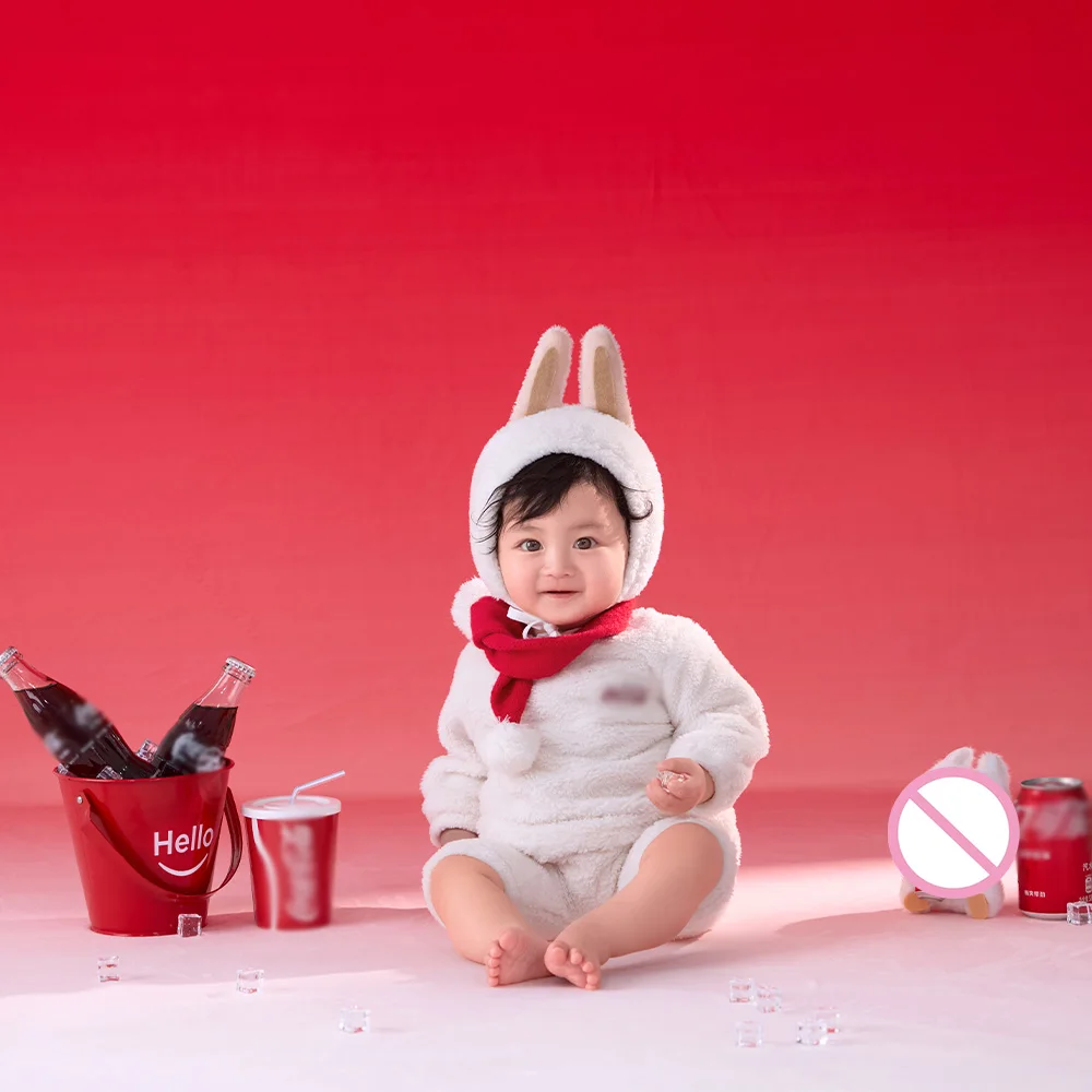 Baby 100 Days Milestone Photography Outfit White Plush Bunny Hat+jumpsuit+red Scarf for Photo Studio Toddler Growth Memory Theme