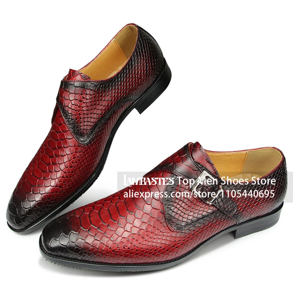 Black Snake Embossed Monk Strap Dress Shoes Snake Scale Print Pointed Toe Business Formal Leather Shoes Office Dress Men Shoes