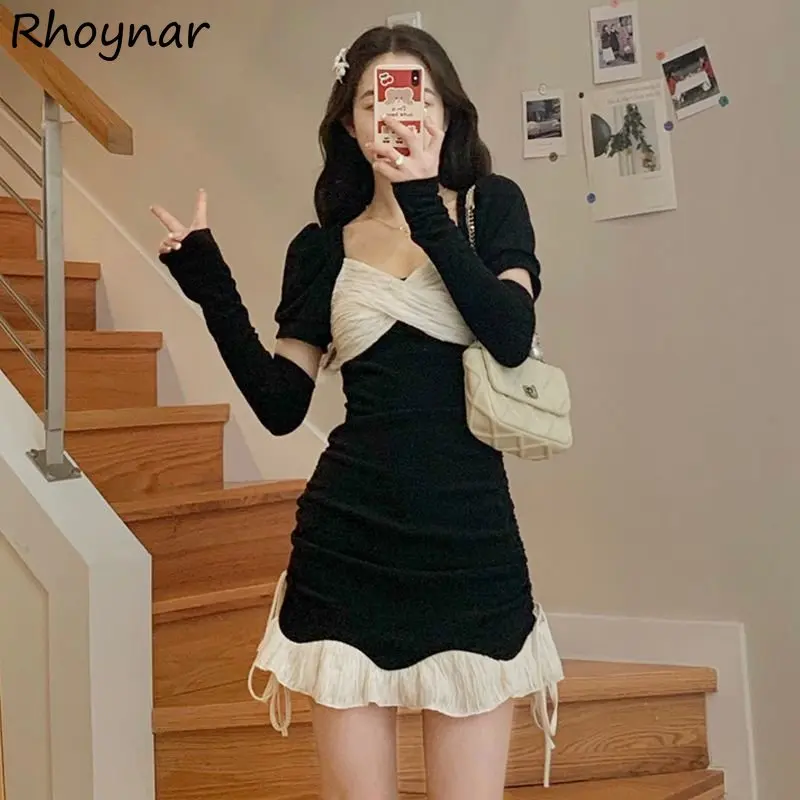 Party Dresses Women Retro Lady Lovely Spring Ulzzang Mini Casual Schoolgirl Chic Patchwork Elegant Holiday Slim Ins Preppy Style