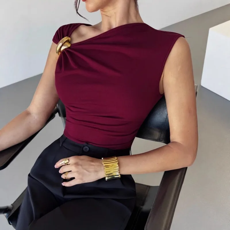 Solid Color Summer 2026 New Product Temperament Simple Sleeveless Vest Ring Design Thin Vest Women's Sexy Pleated Versatile Top