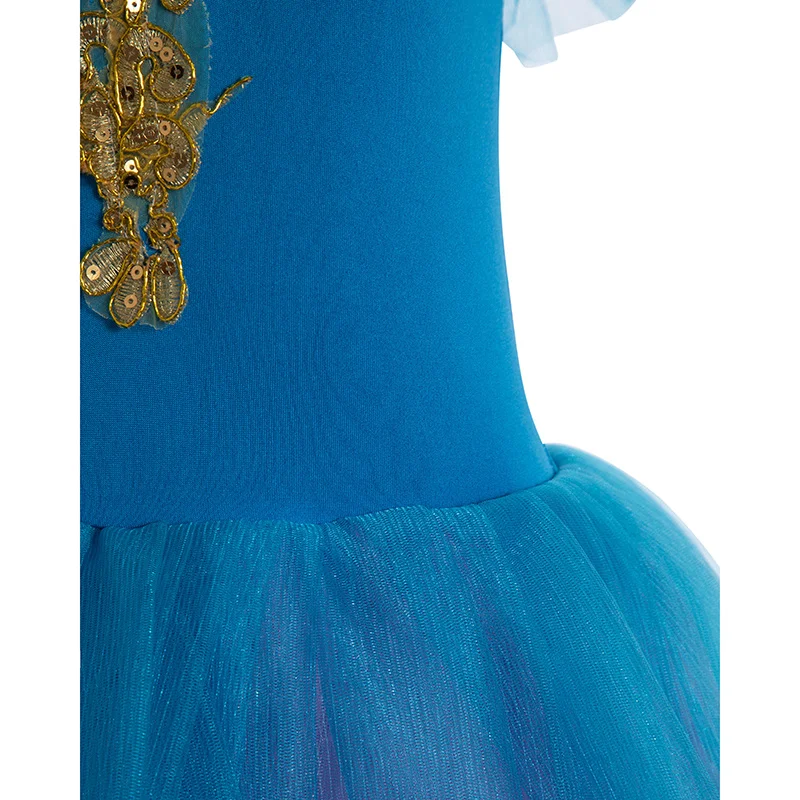 여자를위한 블루 발레 댄스 투투 레오타드 긴 Tulle 스커트 리본 파티 착용 댄스웨어와 발레리나 요정 의상