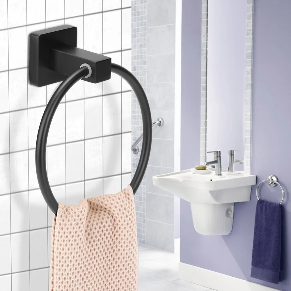 Practical Stainless Steel Towel Ring Black Round Towel Holder Wall Mounted Simple Towel Hanger Space Saving