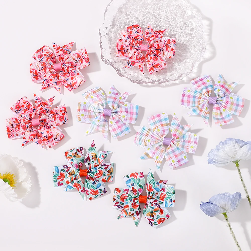 20 個ベビーガールズヘアリボンクリップ付きランダムカラープリントリボンヘアグリップブティックヘアピン帽子キッズヘアアクセサリー