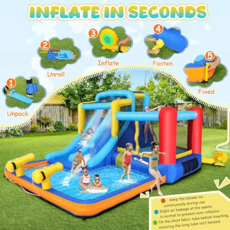 15x9.95Ft Bounce House Water Slide Park للأطفال 3-6، منزل نطاط منزلق مائي قابل للنفخ مع شريحة، حمام سباحة كبير، منطقة رافعة، أزرق