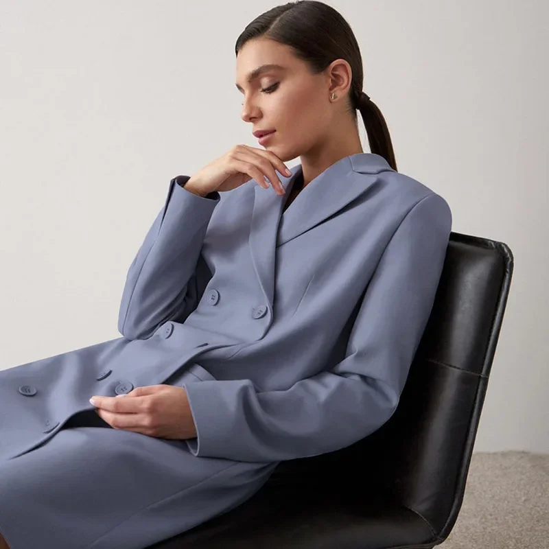 Women Double Breasted Elegant Office Blazer Dress Fashion Blue Casual Suit 2023 New Long Sleeve Solid Colors Work Blazer Dresses