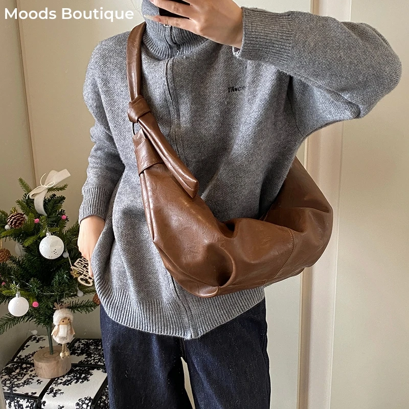 

MOODS Vintage Fashion Women Bags Knot Design Shoulder Crossbody Bag Soft PU Leather Pure Color Large Capacity Shopper Tote Hobos
