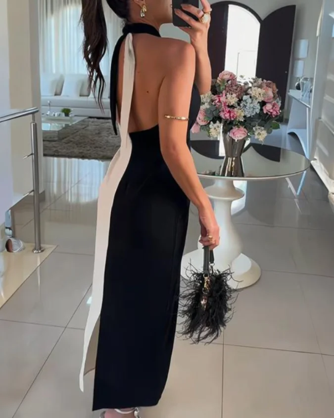 Sukienki damskie letnia nowa moda damska Colorblock Halter Twist Ruched Maxi sukienka damska Casual talia Hollow Out sukienka biznesowa