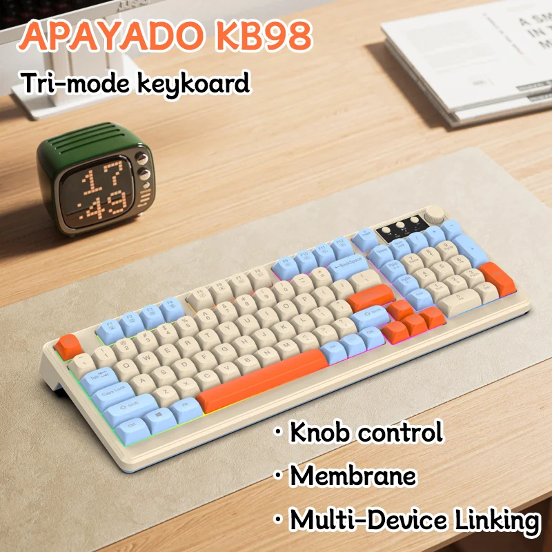 

Беспроводная игровая мембранная клавиатура, 98-клавишная трехрежимная Bluetooth 2,4G, проводная RGB-подсветка, большая батарея, колпачки для клавиш из ПБТ с ручкой