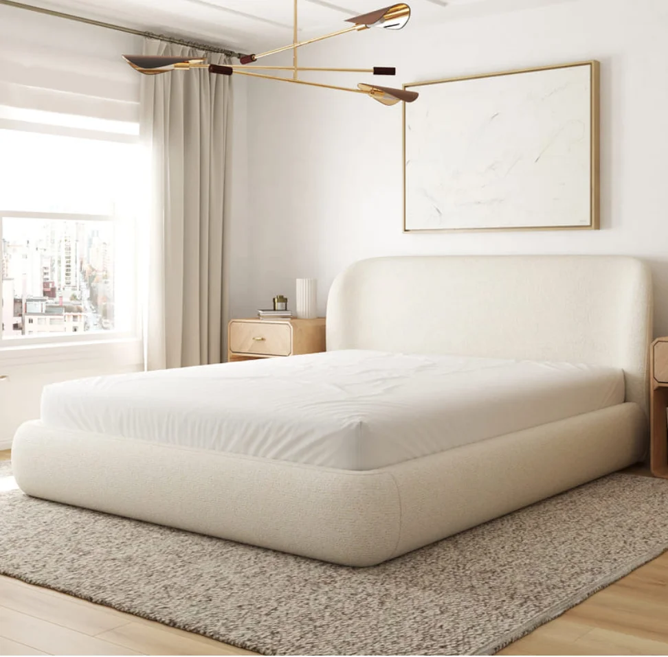 ^Modern French King Size Soft Bed Set with Boucle Fabric Upholstery Luxury Bedroom Furniture Birch Wood and Plastic Frame
