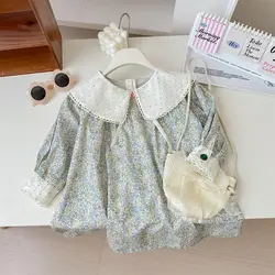 Popular Girls' Dress 2024 Autumn New Western Style Baby Girls' Loose Lapel Long Sleeve Children's Floral Skirt