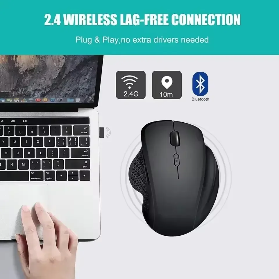 Ratón ergonómico recargable de 1600DPI para MacBook, tabletas, portátiles, ordenador, inalámbrico, Bluetooth 5,2, 2,4G, 6 botones