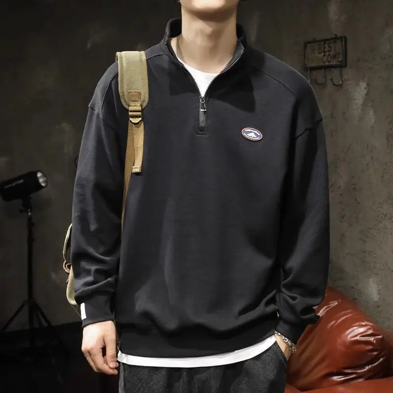 

Spring Autumn Loose Long Sleeve Half Zipper Polo Shirts Men American Style Streetwear Chic Sports Vintage Casual Epaulet Hoodies