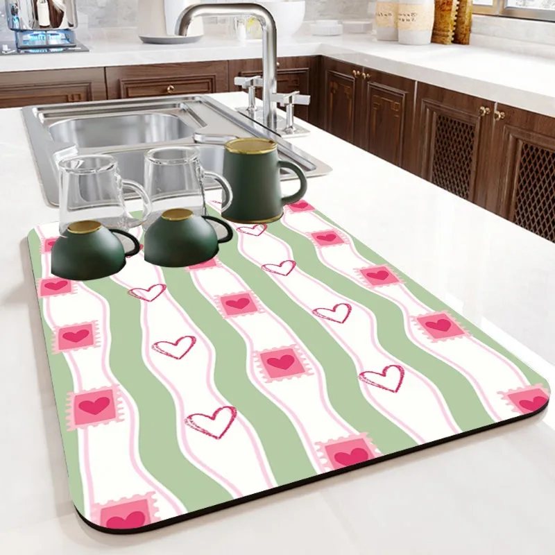 Fresh Green Wavy Stripe Stamp Heart Dish Drying Mat Quick Dry Absorbing Non Slip Washable Kitchen Counter Coffee Cup Decor Mat