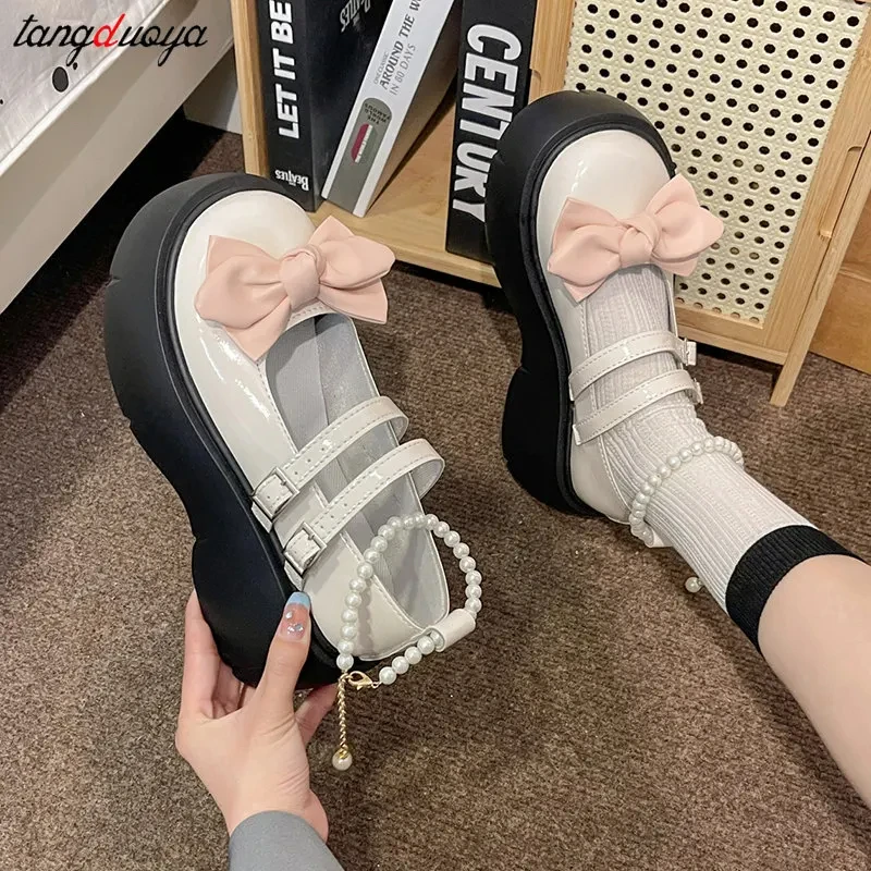 bows Lolita Shoes kawaii mary jane shoes Women Japanese Style Vintage Girls High Heel Platform shoes College Student JK shoes