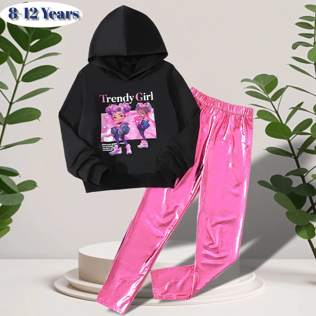 

New Girls Clothing Set 2024 Autumn Winter Long Sleeve Children Suit Hooded Anime Sweatshirt Solid Pants Set Kids Clothing 8-12Y