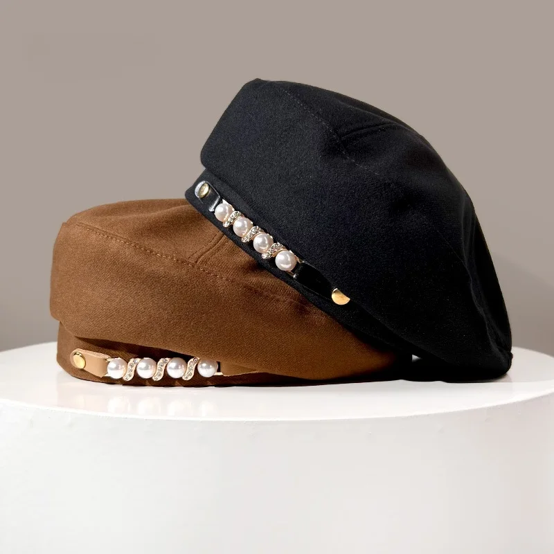 Women's Autumn and Winter New Style Flat Top Beret Pearl Vintage Hat