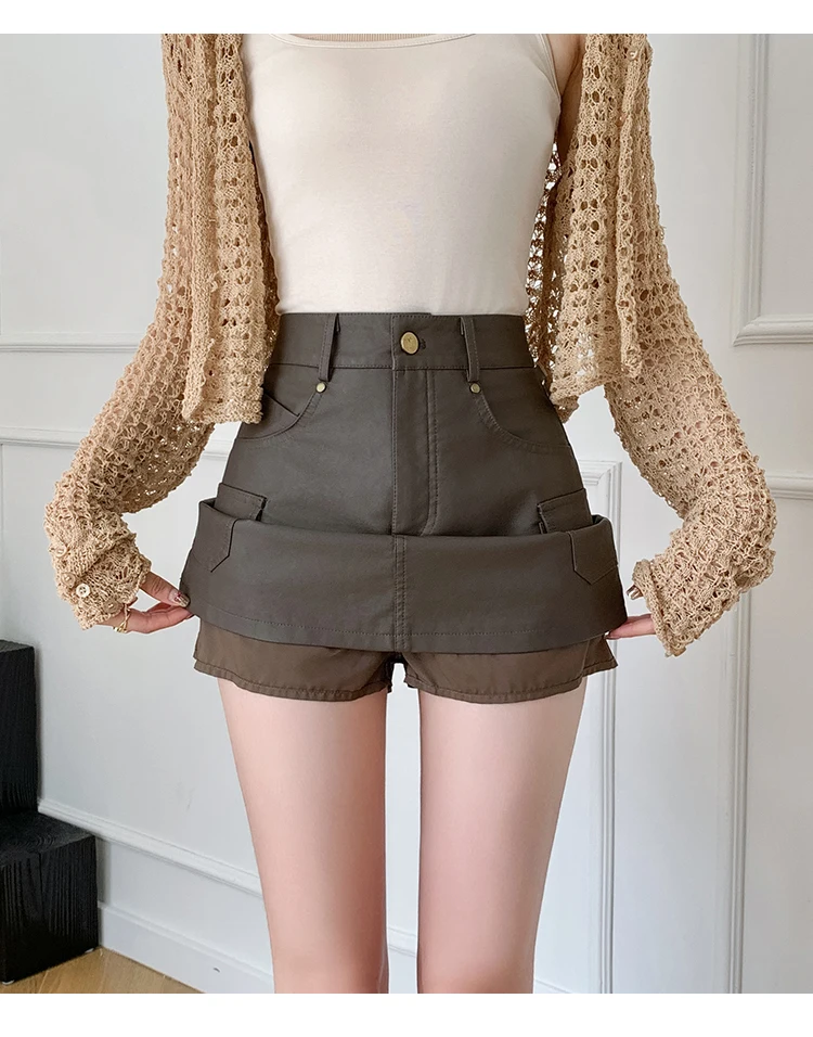 Minigonna retrò in pelle Pu Donna Autunno Inverno Gonna a trapezio a vita alta di alta qualità Moda femminile Streetwear Tasca Falda 2025