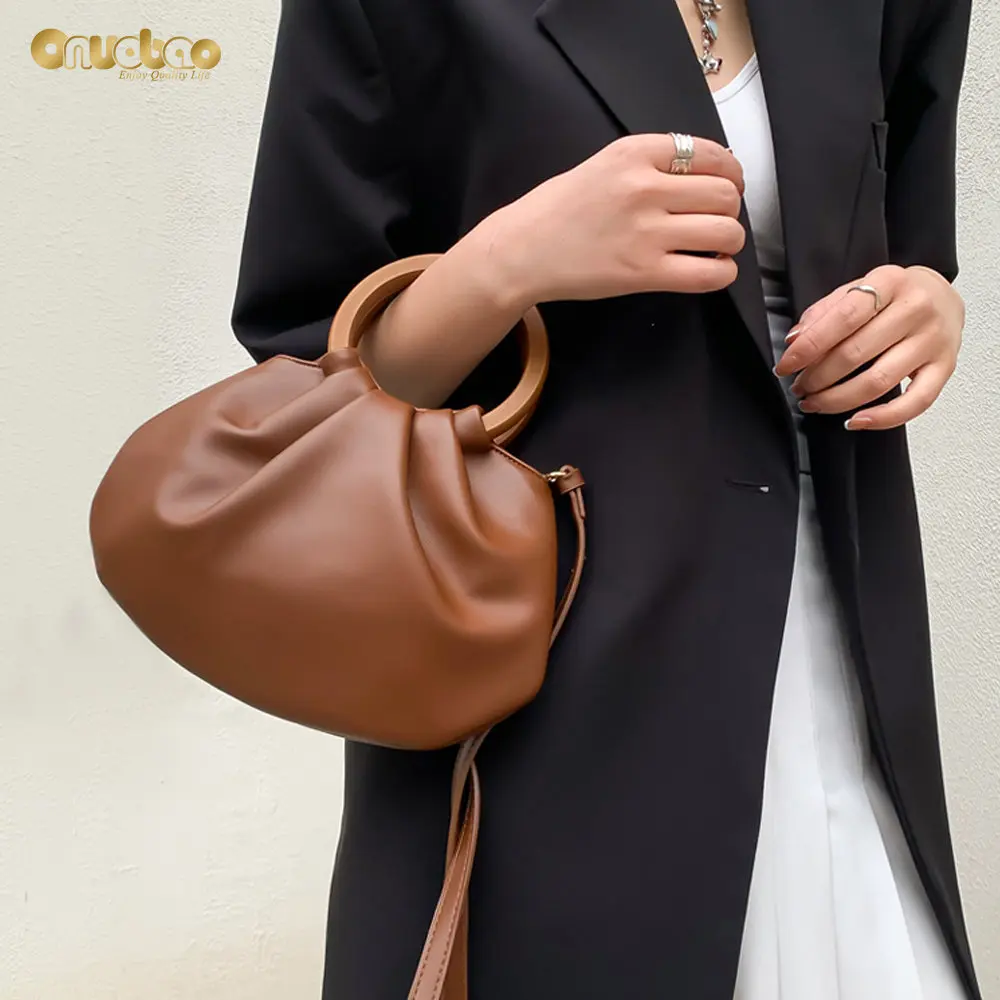 Cloud Bag Bag for Women Fashion Pleated Small Bag Wooden Handle Simple Tote Bags for Ladies