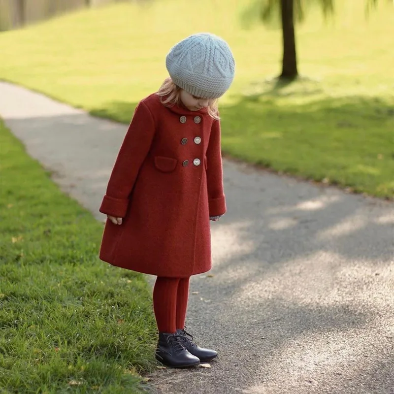 Instagram burst 90-150cm 4-12Y Spot spring  autumn new children's clothing girls wool coat in the long big red coat