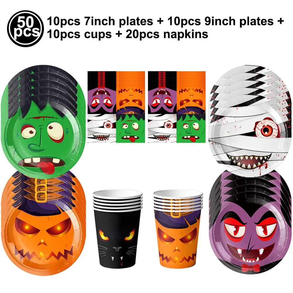 Halloween Pappteller Kürbis Zombie Geist Monster Fledermaus Einwegteller Tassen Halloween Abendessen Geschirr Dekoration Lieferungen – Detail 2