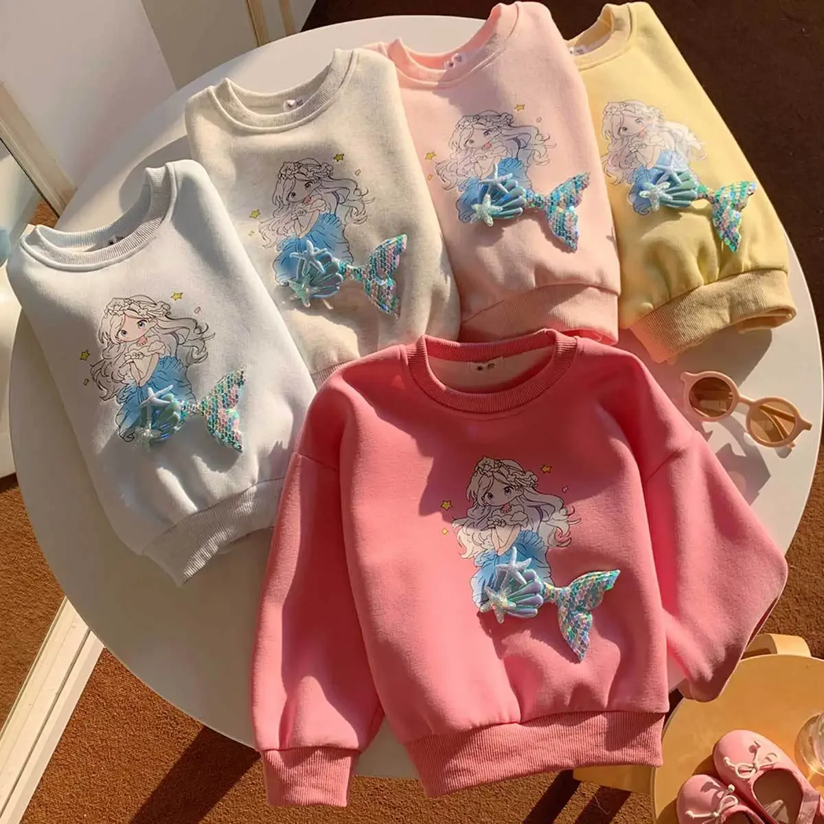 2-10T Infant Girls Mermaid Sweatshirt Cute Cartoon Princess Print Pullover Top Long Sleeve Kids Casual Loose Tops Autumn Winter