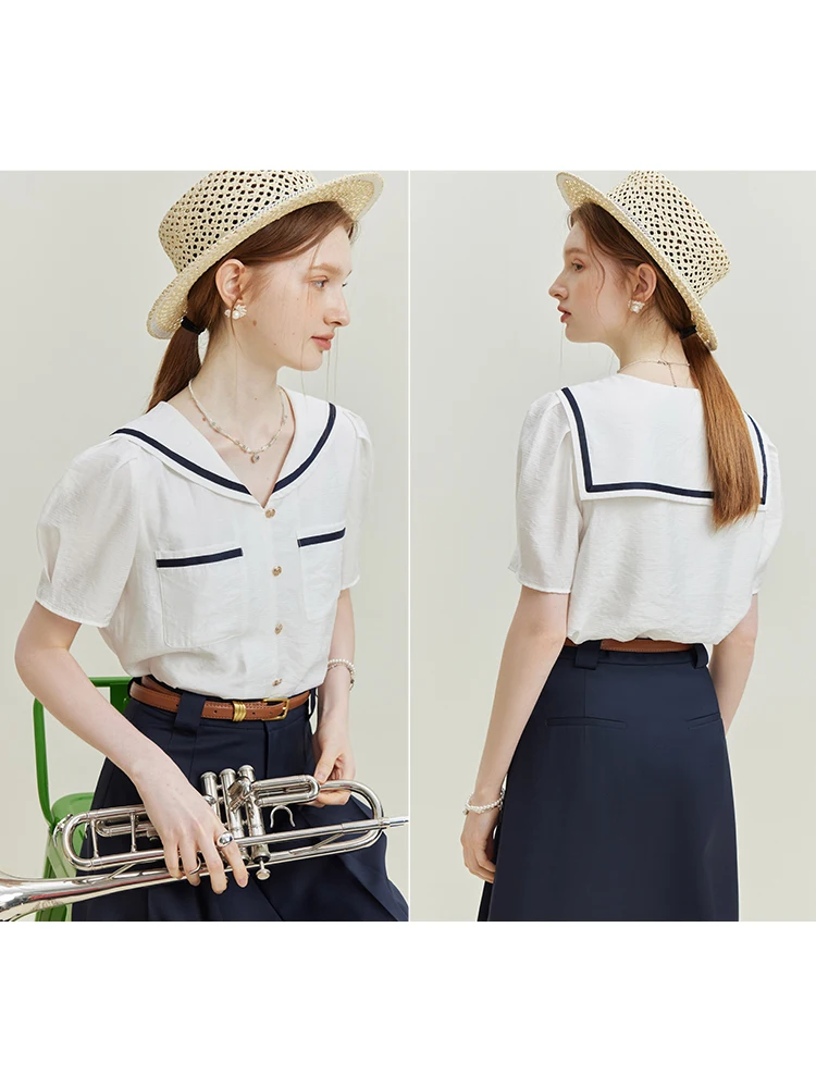 FSLE Simple Style Navy Collar French Short-sleeved Shirt for Women Summer New All-match Casual Navy sense Top Shirt Female