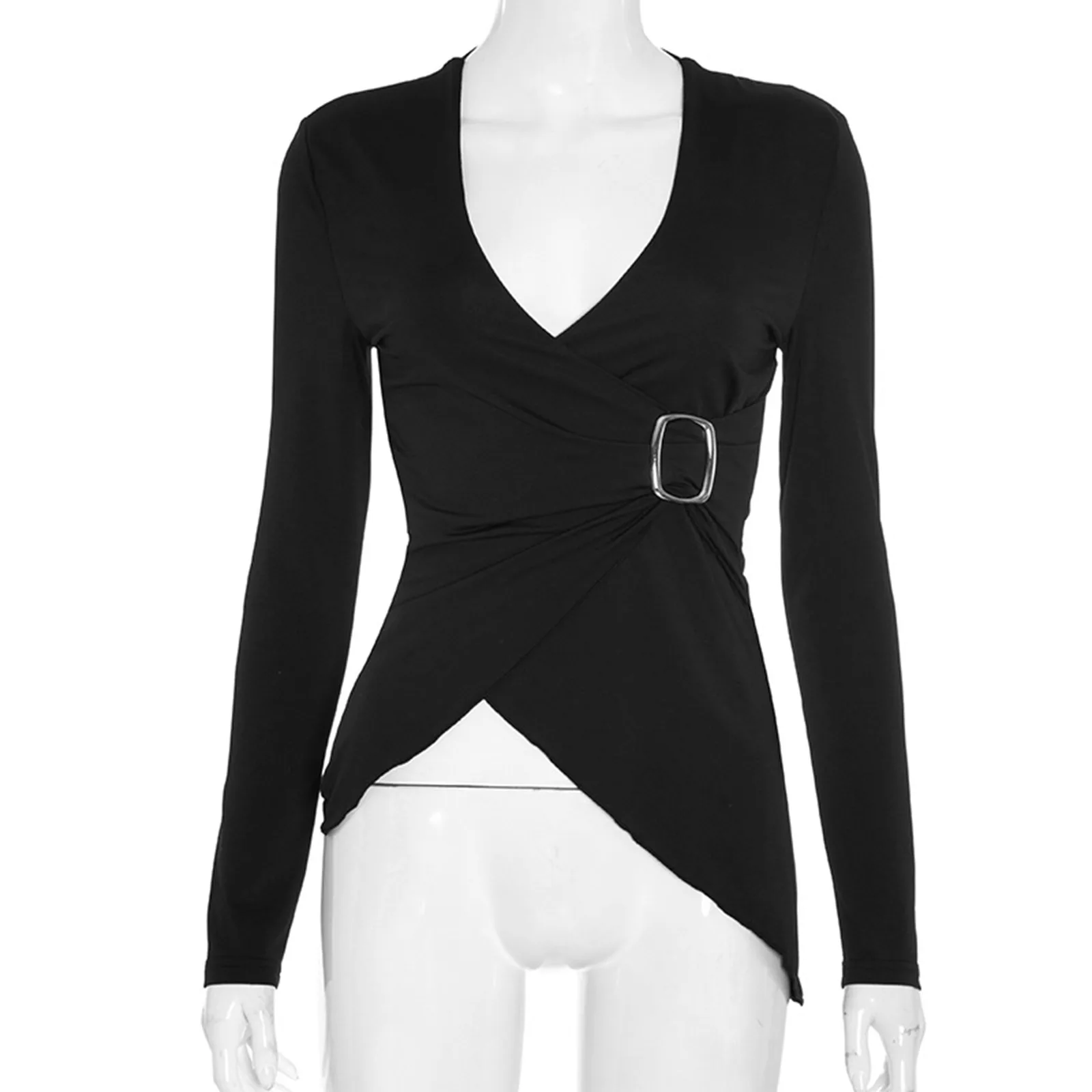 Camicetta asimmetrica da donna Top alla moda con scollo a V Manica lunga con volant T-shirt avvolgente per camicette da festa da club Abiti da donna di moda