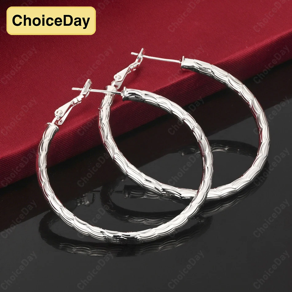 

ChoiceDay 925 Sterling Silver Engraved Pattern 40mm Round Earrings Women Gift Jewelry Party Fashion Accessories