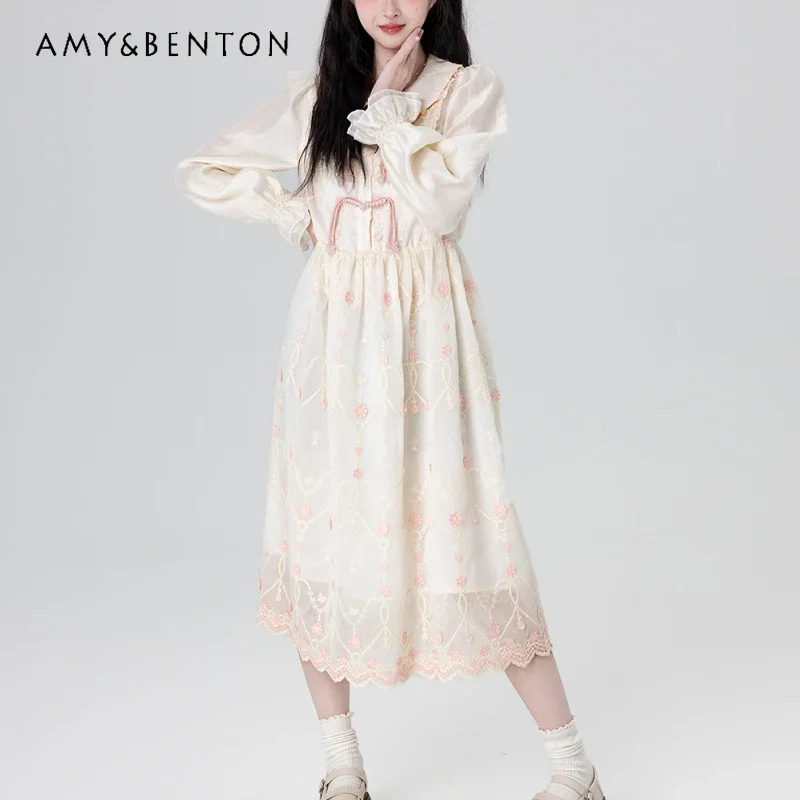 

New Chinese College Style Autumn Heavy Industry Embroidery Embroidery Doll Collar Long Sleeve Waist Skinny Lace Edge Dress Women