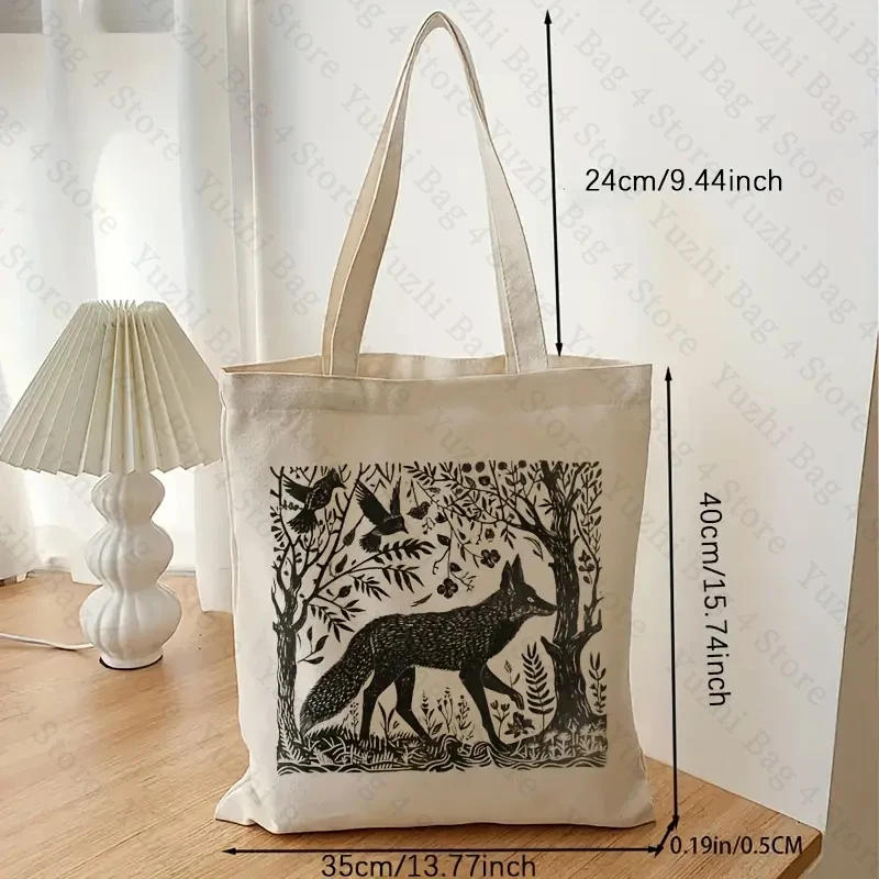 Folklore Forest Fox Lino pattern Tote Bag Canvas Shoulder organizer For Travel Daily Commute Women's Reusable Shopping Bags