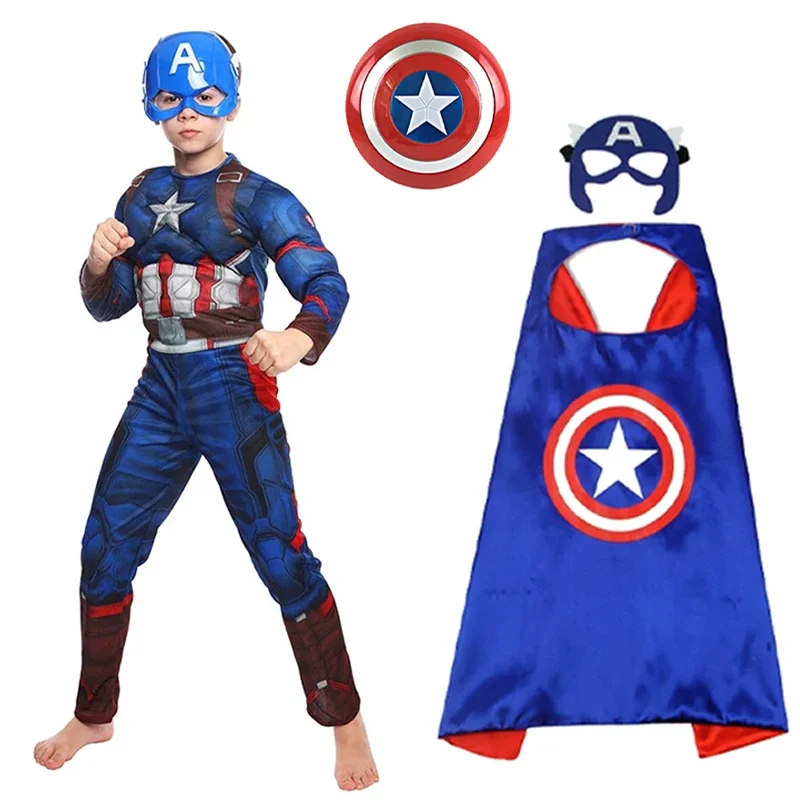 Captain America Costume Superhero Captain America Muscle Jumpsuit Shield Cape Outfits Halloween Carnival Costumes