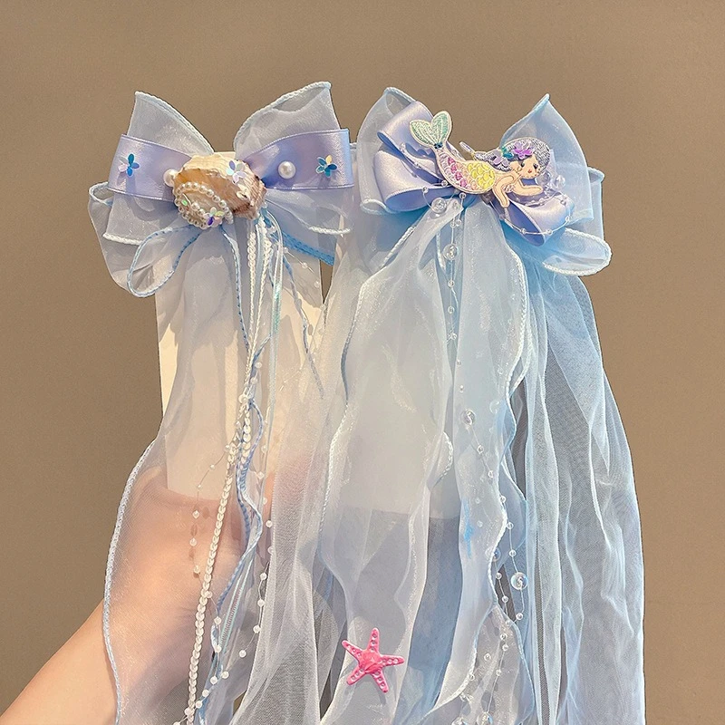 الأزرق سلسلة الأطفال مشبك شعر لطيف الكرتون المحيط حورية البحر الأميرة رباط شعر الاطفال الملحقات الدانتيل Bowknot الفتيات مشبك شعر