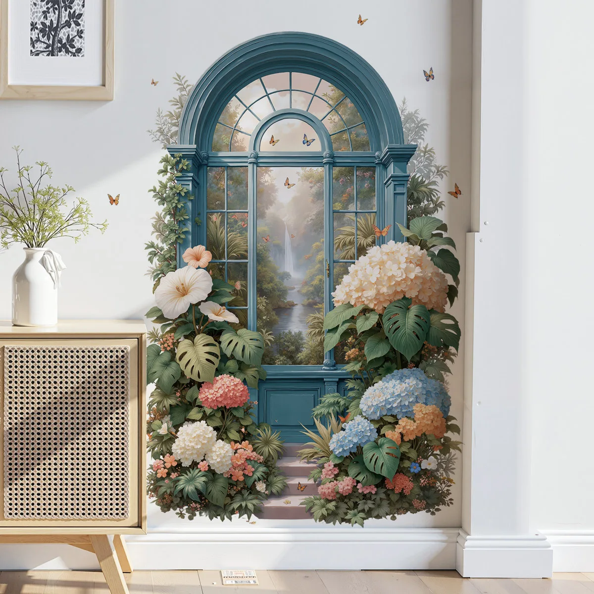 Vintage Teal Window Garden Wall Mural 3D Tropical Floral Butterfly Removable Wall Sticker for Bedroom Living Room Entryway Decor