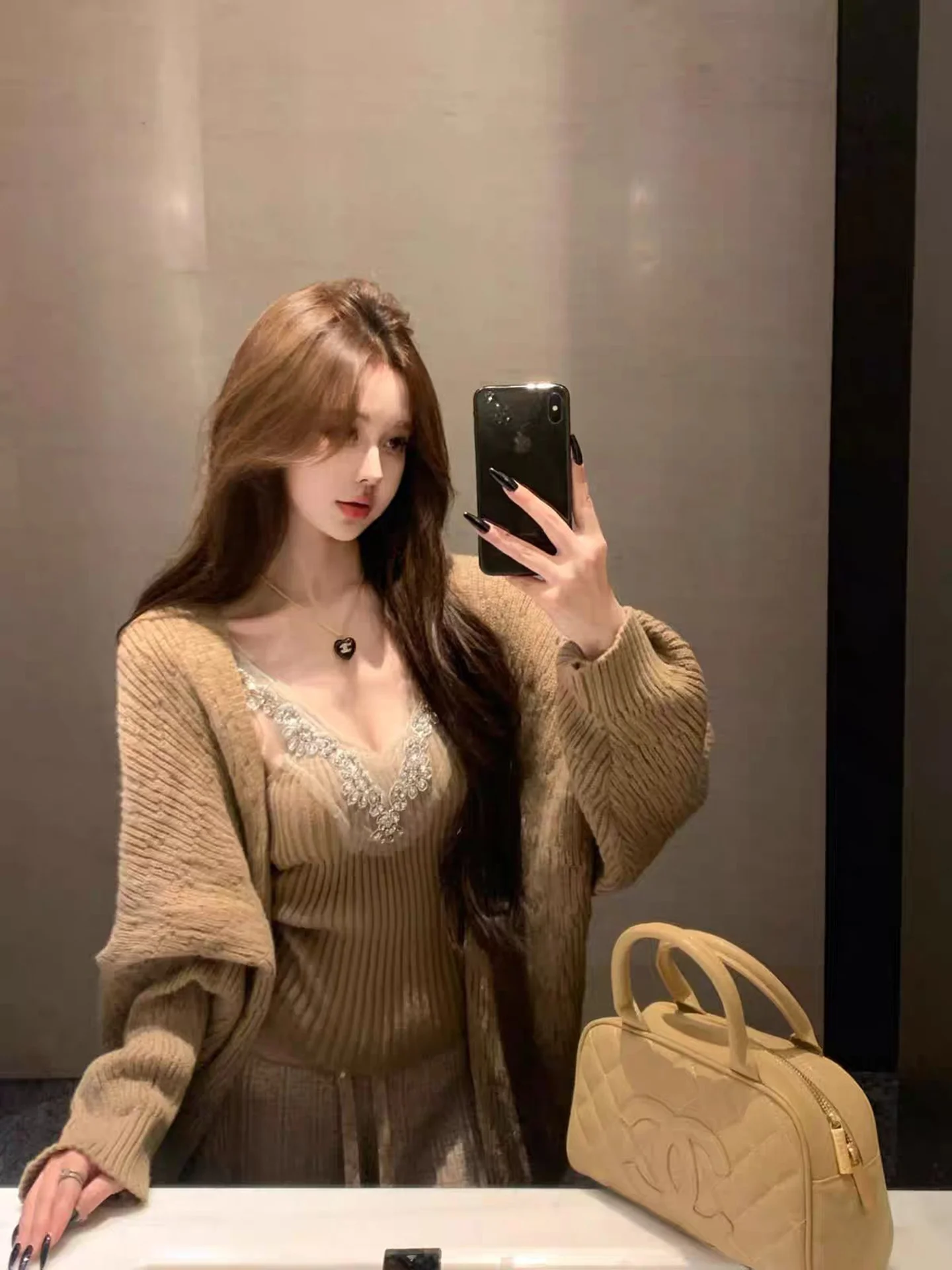 Elegant V-Neck Diamond Embellished Strap Top Cardigan Two-Piece Set Women's Autumn Winter New High-End Matching Soft Style