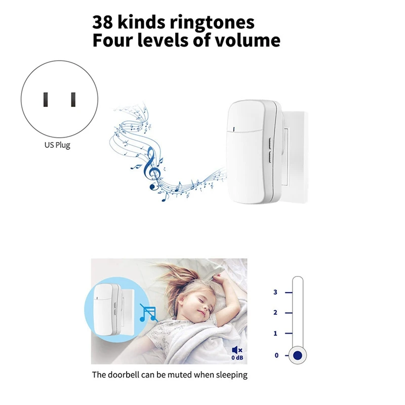 1Set Wireless Doorbell Self-Powered Door Bell Sets No Battery Required Waterproof US Plug C